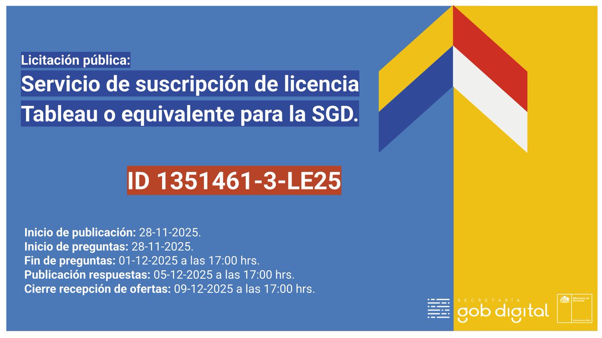 🚀 ¡Atención proveedores!

<a href="/GobDigitalCL/">Gobierno Digital</a> te invita a participar en la licitación pública para el "Servicio de suscripción de licencia Tableau o equivalente".

🔗 Más info: mercadopublico.cl/Procurement/Mo…