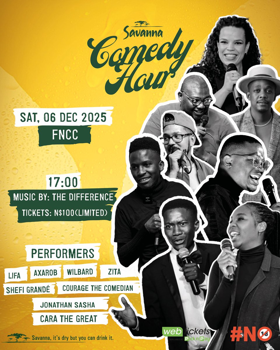 Join us at FNCC for the final edition of 2025 and let’s end the year the best way we know how, with laughter and a refreshing Savanna cider 🍋

🗓️: Saturday, 06 Dec 2025
📍: <a href="/fnccnam/">Franco Namibian Cultural Centre</a> 
⏰: 17:00

Tickets are now available 🎫 webtickets.com.na/event.aspx?ite…

#SavannaComedyHour