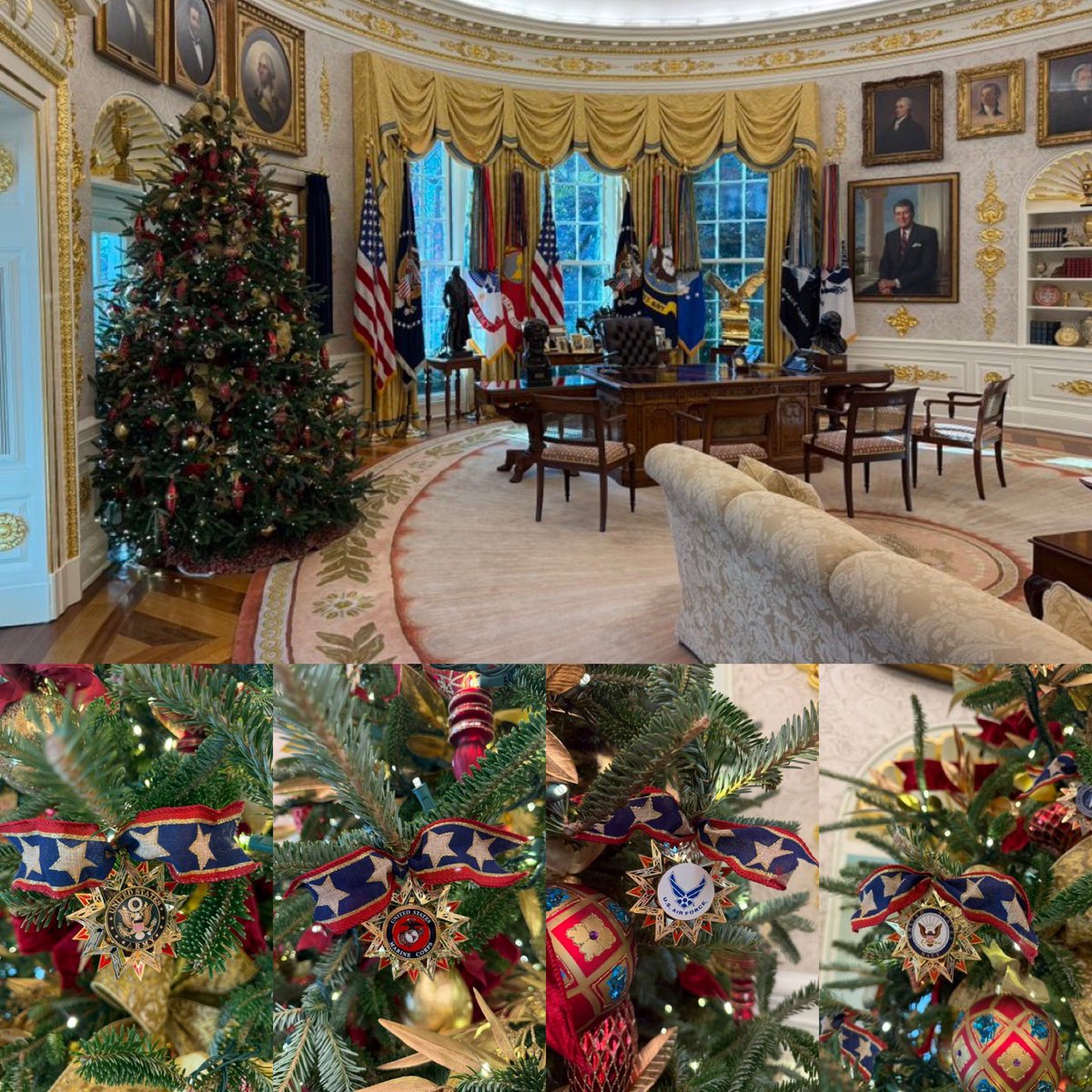 Breaking update: 🚨 All branches of our military are displayed on President Trump’s Christmas tree in the Oval Office! 

How awesome is this tree? 👇🏻