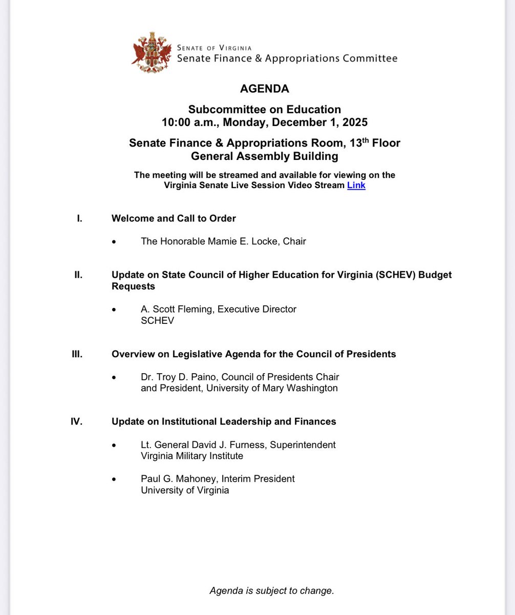 An updated agenda no longer includes UVA Board of Visitors Rector Rachel Sheridan and Vice Rector Porter Wilkinson.