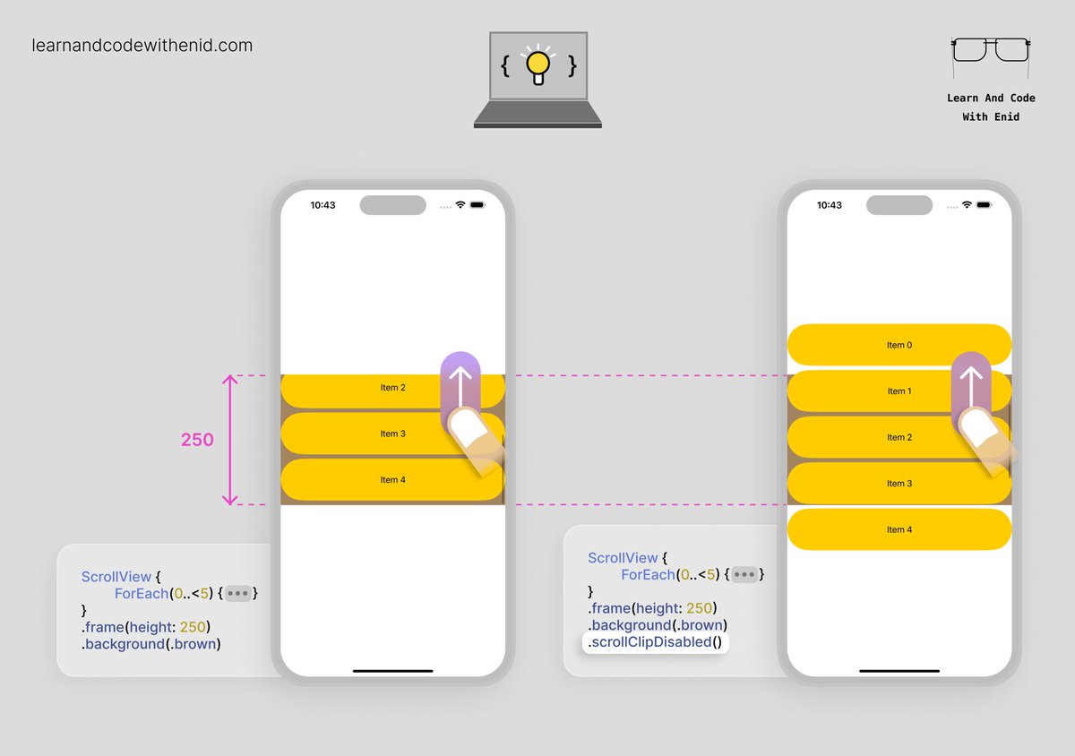 ios_dev_alb's tweet image. SwiftUI Tip 💡

By default, a scroll view clips anything that extends past its bounds.

In iOS 17.0+, use scrollClipDisabled() to let items extend beyond the scroll view’s bounds

→ learnandcodewithenid.com