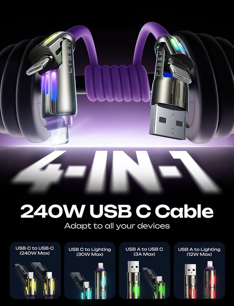 ComputerPal's tweet image. LISEN 240W Chubby USB C to USB C, 4 in 1 Charging Cable (6.6FT) with Light, USB A/C to C/L Multi Charging Cable for iPhone 16 15 14 Pro Max/MacBook/iPad Pro/SamSungS24,Purple geni.us/wQ4bQ #Amazon via @Amazon 

#ad #CyberMonday #deals #fyp #amazonfinds #travel
