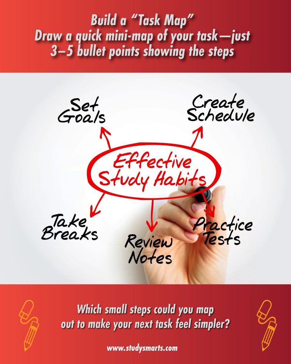 StudySmarts's tweet image. Build a “Task Map”.

Draw a quick mini-map of your task—just 3–5 bullet points showing the steps. Seeing the path makes the work feel clearer and keeps your mind from drifting.

Which small steps could you map out to make your next task feel simpler?

#TaskMap #ClarityBoost