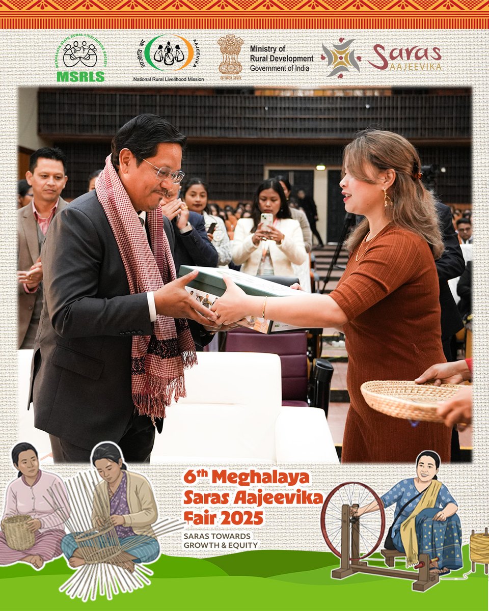 meg_srlm's tweet photo. The Hon’ble Chief Minister of Meghalaya Conrad K. Sangma along with Hon'ble Minister, C&amp;RD Dept Sosthenes Sohtun launched the 6th Meghalaya Saras Aajeevika Fair 2025 today, celebrating the talent, hard work and spirit of our local women entrepreneurs. https://t.co/dXcF2fGPKo