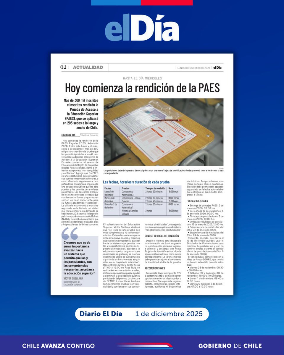 #MINEDUCENPRENSA 🗞️📰 || <a href="/diarioeldia/">diarioeldia</a> destacó la rendición de la PAES en la Región de Coquimbo, instancia en la que el seremi de Educación, Nicolás Pérez Allendes, entregó un mensaje a las y los estudiantes que participan en este importante proceso.