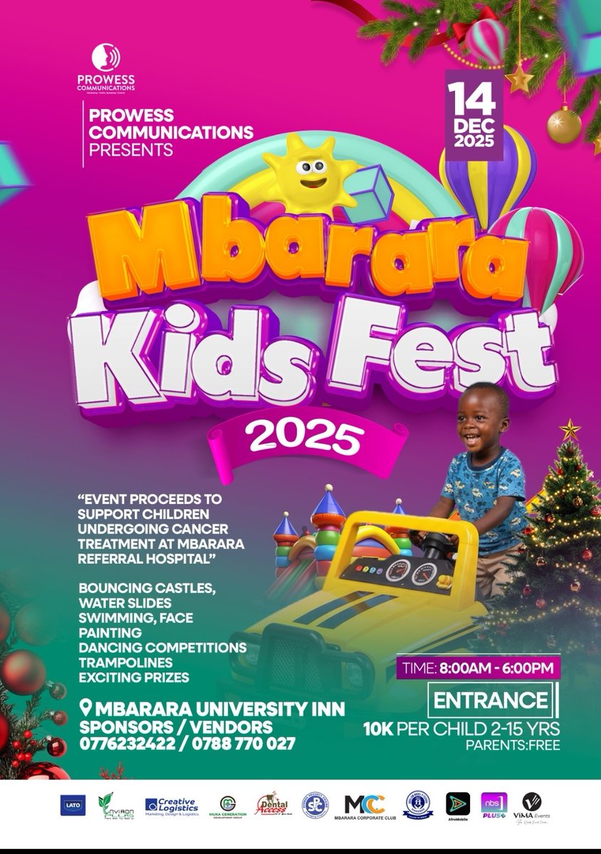 Christmas fun arrives early with the Mbarara Kids Fest 2025, featuring Bouncing Castles, Dancing Competitions, Swimming, and Face Painting.

📍 Mbarara University Inn | 🗓️ 14 Dec | 🕗 8AM–6PM
📞 0776232422 / 0788770027 | 💰 10K per Child

#NBSUpdates #MbararaKidsFest2025