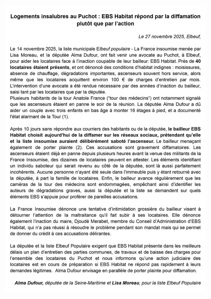 🤯 À Elbeuf, EBS Habitat m'accuse sans preuve d'avoir vandalisé un ascenseur avec les insoumis pour dénoncer sa panne !

Alors que nous étions là pour aider les locataires pour leurs problèmes de logement, le maire PS Merabet donne du crédit à cette grave diffamation ⤵️