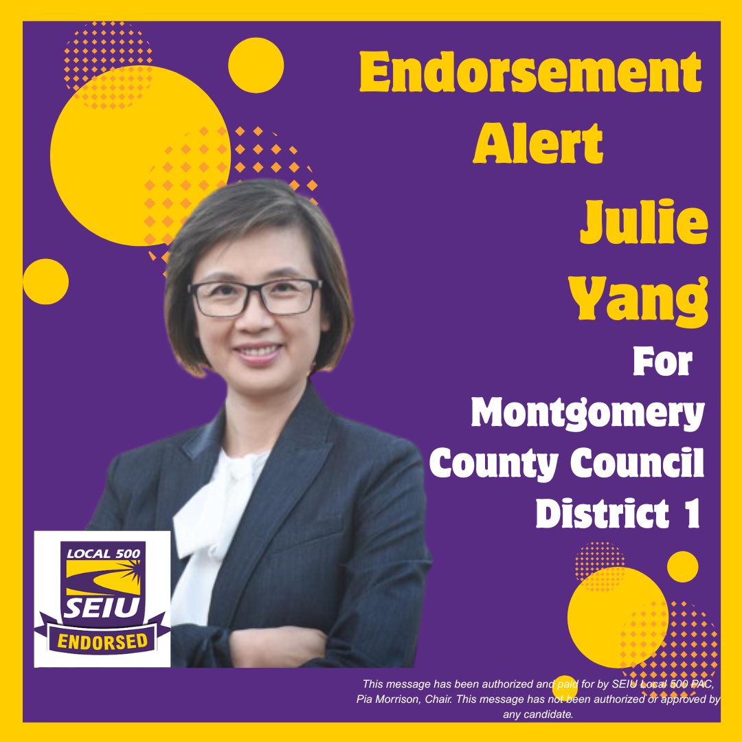 SEIU500's tweet photo. 🚨ENDORSEMENT ALERT🚨:

Working families need leaders they can depend on when times get tough &amp; a record of sticking by them when hard decisions must be made, this is why  SEIU Local 500 is in support &amp; endorses @JulieYangMoCo for election to the @MoCoCouncilMD #StrongerTogether https://t.co/jvGuep7GD3