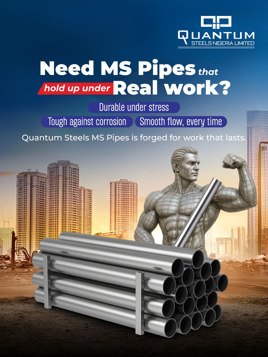 QuantumSteels's tweet image. On site, performance matters. Quantum Steels MS Pipes deliver strength, smooth flow, and corrosion resistance that never quits. Reliable pipes, proven results.

Contact us: sales1@rinlnig.com

#MSPipes #QuantumSteels #SteelSolutions #ConstructionNigeria #LagosNigeria