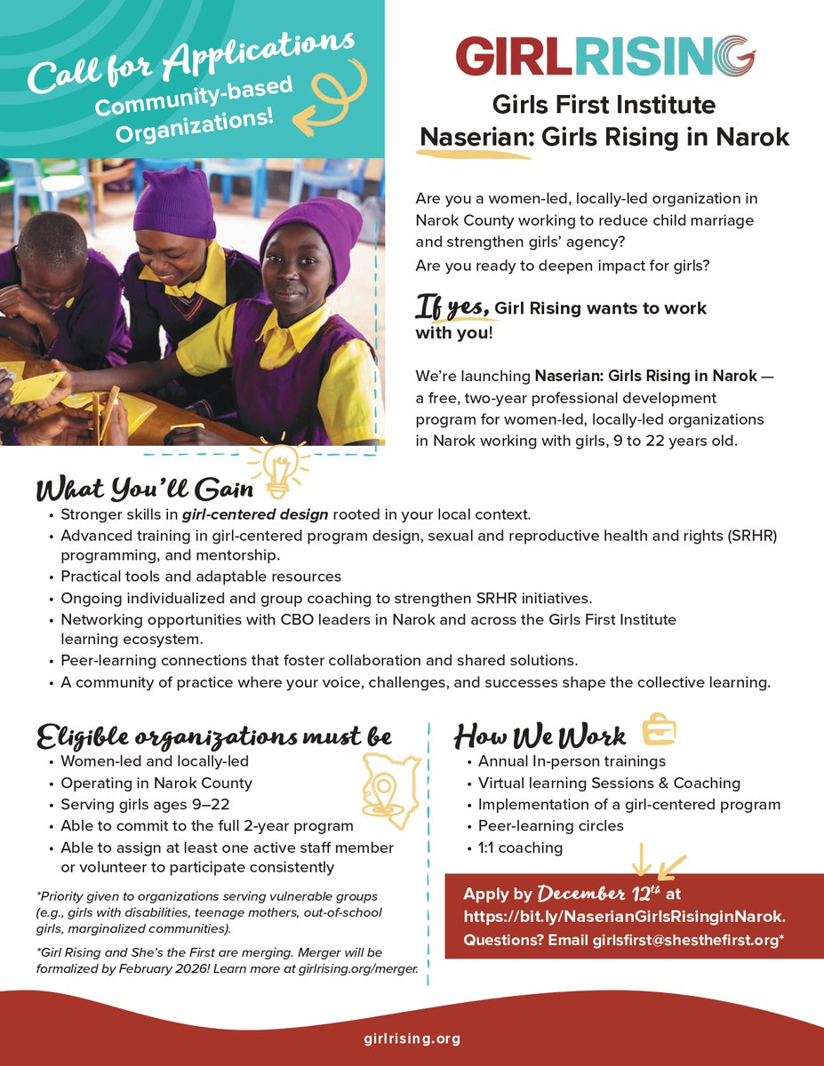 kate_kiama's tweet image. Calling all women-led CBOs in Narok! 🌟
@GirlRising is launching a FREE 2-year program to strengthen girl-centered design, SRHR, leadership &amp;amp; collaboration. If you work with girls 9–22, this is for YOU! 
👉 Apply by Dec 12: bit.ly/NaserianGirlsR…