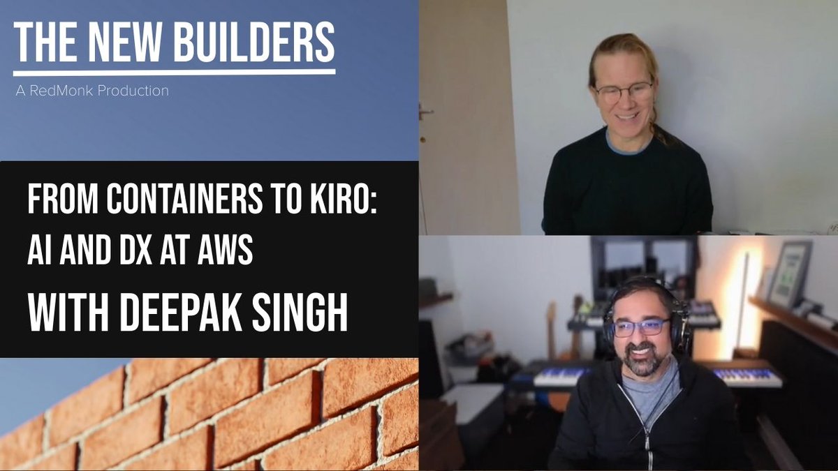redmonk's tweet image. Hear @awscloud&apos;s Deepak Singh discuss the evolution of devtools, particularly in the context of GenAI &amp;amp; @kirodotdev, w @monkchips. This New Builders conversation covers AWS&apos;s journey in the container space, #DevX, &amp;amp; how #AI is reshaping how developers work redmonk.com/videos/from-co…