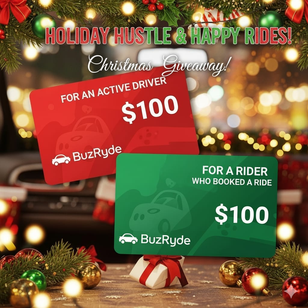 BuzRyde's tweet photo. 🎁 BUZRYDE CHRISTMAS GIVEAWAY! 🎁

This holiday season, we’re gifting $100 to one active driver and $100 to one rider who books a ride! 🚗💚❤️

Spread the cheer, take more trips, and keep the holiday hustle going!
 You might just be our next winner 👀✨
Ride with joy 👉 https://t.co/CRcZggSwhI

🗓️ Valid from 1st Dec 2025 to 23rd Dec 2025

#BuzRyde #ChristmasGiveaway #HolidaySeason #RideShare #Canada
#SupportLocal #WinBig #MerryChristmas #ExploreBC #TravelAlberta #YEG #FYP