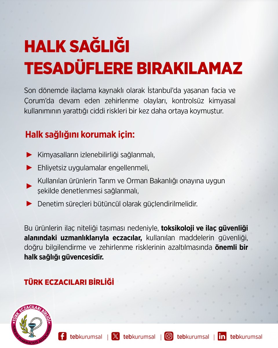 HALK SAĞLIĞI
TESADÜFLERE BIRAKILAMAZ

Son dönemde ilaçlama kaynaklı olarak İstanbul’da yaşanan facia ve Çorum’da devam eden zehirlenme olayları, kontrolsüz kimyasal kullanımının yarattığı ciddi riskleri bir kez daha ortaya koymuştur.

Halk sağlığını korumak için:
· Kimyasalların