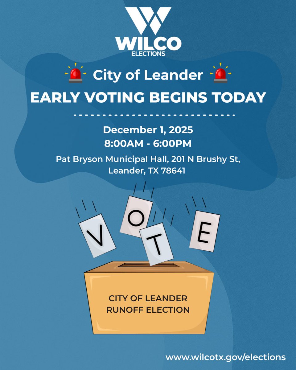 Today is the first day of voting in the City of Leander Runoff election. Go vote today! 🗳️☑️ #earlyvoting #wilcovotes