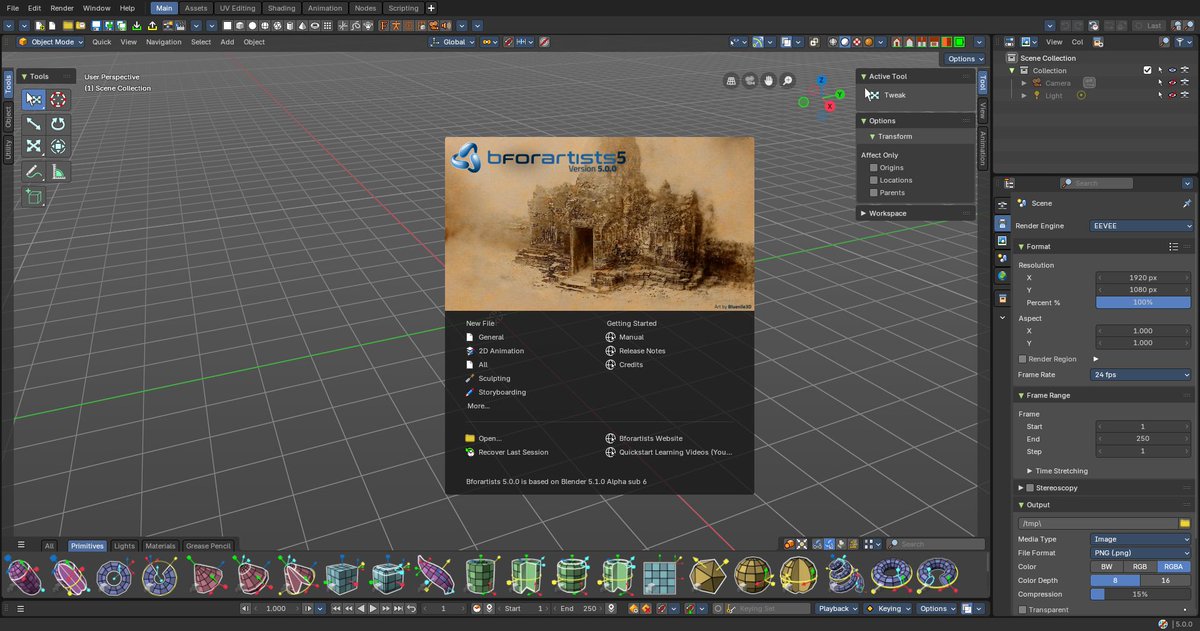 💙 With the new Bforartists 5.0.0 release, we have a new arty splashscreen proudly presented to you with work from <a href="/blue_nile_3d/">Blue Nile 3D</a> ! 

This release comes with new compositor assets (99!), new apply operators, customizable node background colors and much much more.