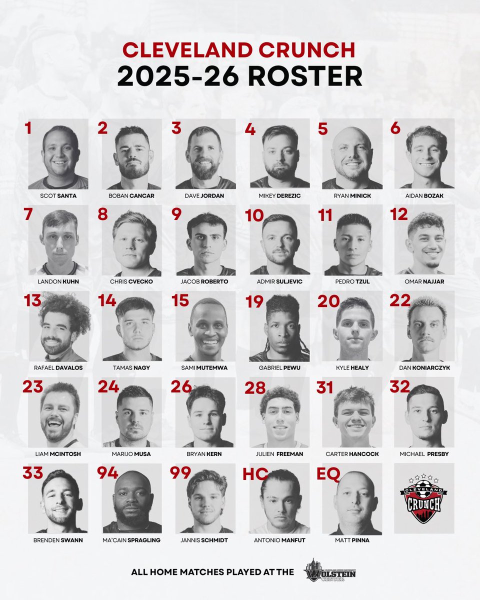 Here’s your 2025-26 Roster Drop 🔥

Our season opens this weekend against Lansing. 

Will you be tuning in? 🎥: MLIS Pro TV on YouTube

#clevelandcrunch #mlis #proindoorsoccer #clevelandsoccer #clevelandindoorsoccer #wolsteincenter #csu 

<a href="/MLISpro/">MLIS</a> <a href="/wolsteincenter/">Wolstein Center at Cleveland State University</a>