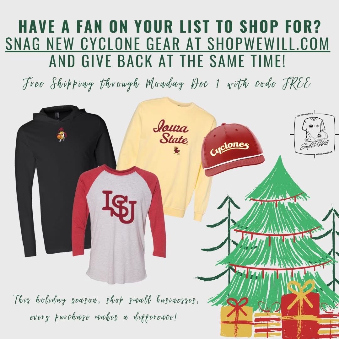 wewillISU's tweet photo. Browse on over to https://t.co/0terOxd0KI as you “work” today. Use code "FREE" for free shipping on all orders through tonight, 12/1. 

#shopsmall #togetherwewill #gearthatgivesback #shopwewill #cyclonestate https://t.co/KBDwqsdG08
