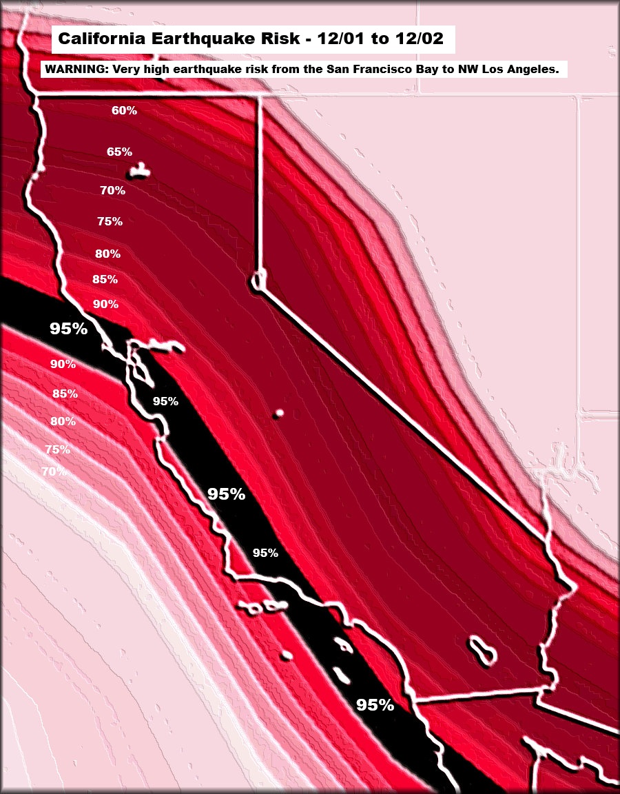 Quakeprediction's tweet image. WARNING:  Strong earthquake is likely in the San Francisco Bay to NW Los Angeles area - 12/01 to 12/02