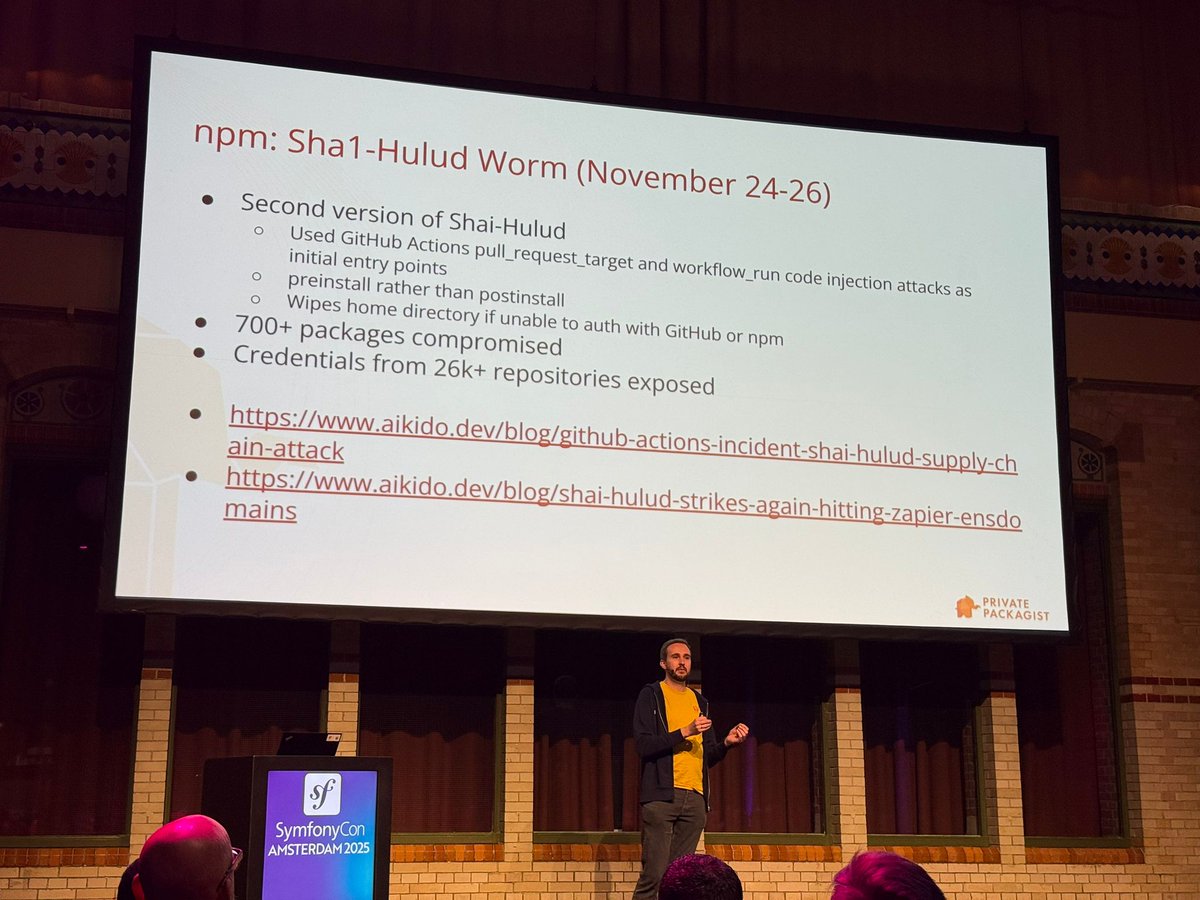 naderman's tweet image. Back from our annual #SymfonyCon trip! Enjoyed celebrating 20 years of #Symfony with its community in Amsterdam. The @packagist booth was busy throughout the event. My package manager security outlook talk sparked good conversations. See you in Warsaw 2026! #php #composerphp