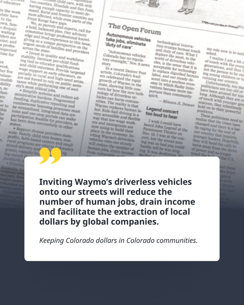 driverscoopco's tweet photo. Featured in The Denver Post: Dr. Minsun Ji shares powerful truths about how driverless vehicles erase human jobs and harm Colorado communities. Real drivers matter.
#ColoradoDriversCoop #DenverPost #KeepDollarsLocal #WorkerCoops #HumanLabor https://t.co/f9wJiIFAH8