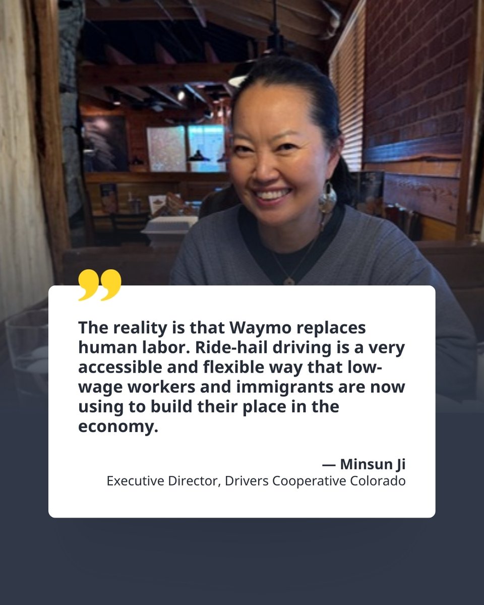 driverscoopco's tweet photo. Featured in The Denver Post: Dr. Minsun Ji shares powerful truths about how driverless vehicles erase human jobs and harm Colorado communities. Real drivers matter.
#ColoradoDriversCoop #DenverPost #KeepDollarsLocal #WorkerCoops #HumanLabor https://t.co/f9wJiIFAH8