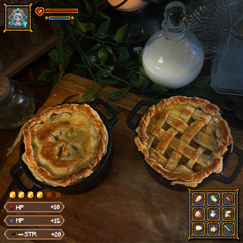 ꒰🥧𝕮𝖍𝖎𝖈𝖐𝖊𝖓 𝕻𝖔𝖙 𝕻𝖎𝖊🥧꒱

❤️HP +10
💠 MP +15
⚔️ STR +20

look how MINI my chicken pot pie is! i'm not a sweet pie type of person so i tried this savory one!