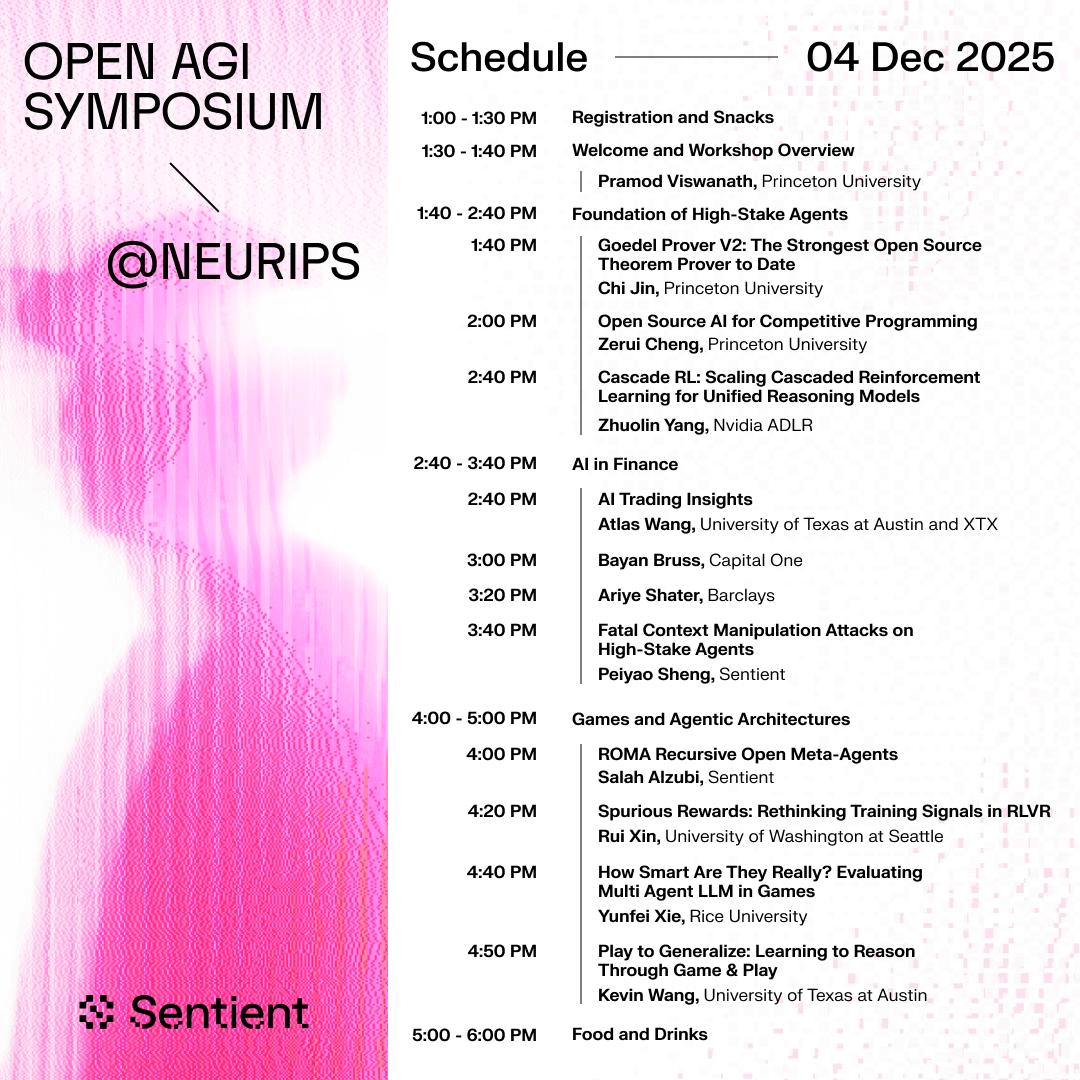 openagisummit's tweet image. Prof. @viswanathpramod and co-founder of @SentientAGI will present alongside a lineup of top AI leaders at the Open AGI Symposium, covering topics from AI in finance to games and agentic architectures.

Sentient researchers will also showcase one of the four NeurIPS-accepted…