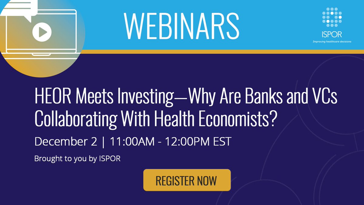 Don’t miss tomorrow’s cutting-edge webinar covering the emerging intersection of #HEOR &amp; investing. Explore potential applications of HEOR in #LifeScience #investing as well as opportunities &amp; challenges for collaborations among different sectors >>  ow.ly/Sb9050XmL5r