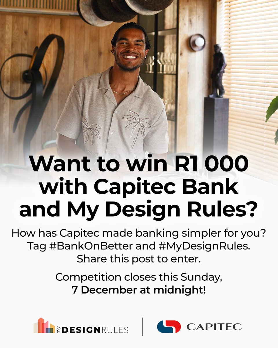 Want to win R1 000 with <a href="/CapitecBankSA/">Capitec</a>  and My Design Rules?

Tell us: How has Capitec made banking simpler for you?

 Tag #BankOnBetter and #MyDesignRules, and share this post to enter.

Competition closes Sunday, 7 December at midnight.
Ts&amp;Cs apply.