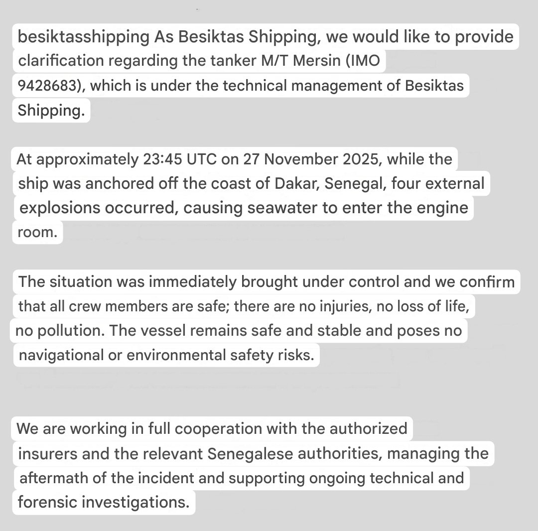 JayinKyiv's tweet image. Tankers ferrying Russian oil are no longer safe anywhere on earth.

Tanker Mersin going down off the coast of Senegal, after four explosions in the engine room, the 3rd tanker in 48 hours.