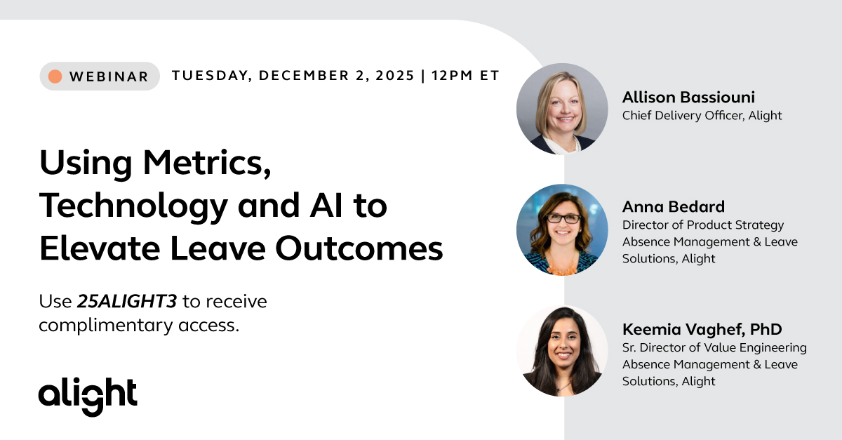 AlightSolutions's tweet image. Are you leveraging data and technology to improve leave outcomes? Join industry experts Allison Bassiouni, Keemia Vaghef and Anna Bedard live for actionable insights and proven tactics. Save your spot now! 
alig.ht/LLso50XuPJM

#AlightBenefitsAdvantage #LeaveManagement