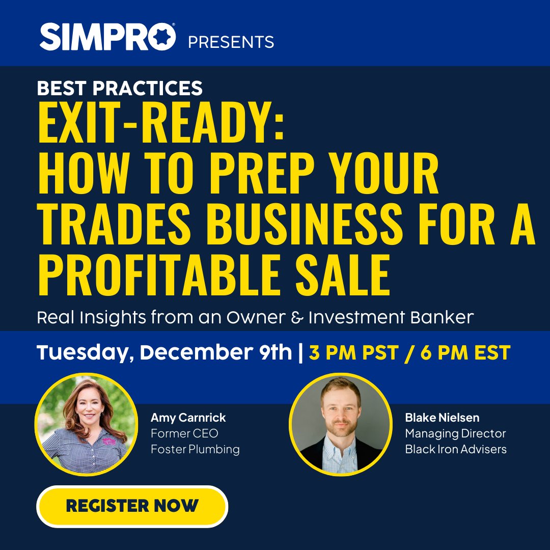 simprosoftware's tweet image. Want to sell your trades business in 2026?

The groundwork you lay now determines the price you walk away with.

Join former trades CEO Amy Carnrick and investment banker Blake Nielsen in this webinar on December 9 at 3 PM PT.

Save your seat → bit.ly/4oZ4Uwp