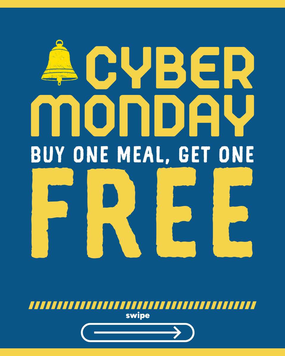longjohnsilvers's tweet image. The best click you’ll make all Cyber Monday. 💻🐟
Buy one meal, get one FREE this Cyber Monday, 12/1. Valid online only with code CMONDAY. Valid at participating locations. #LongJohnSilvers #Meal #Foodie #CyberMonday
