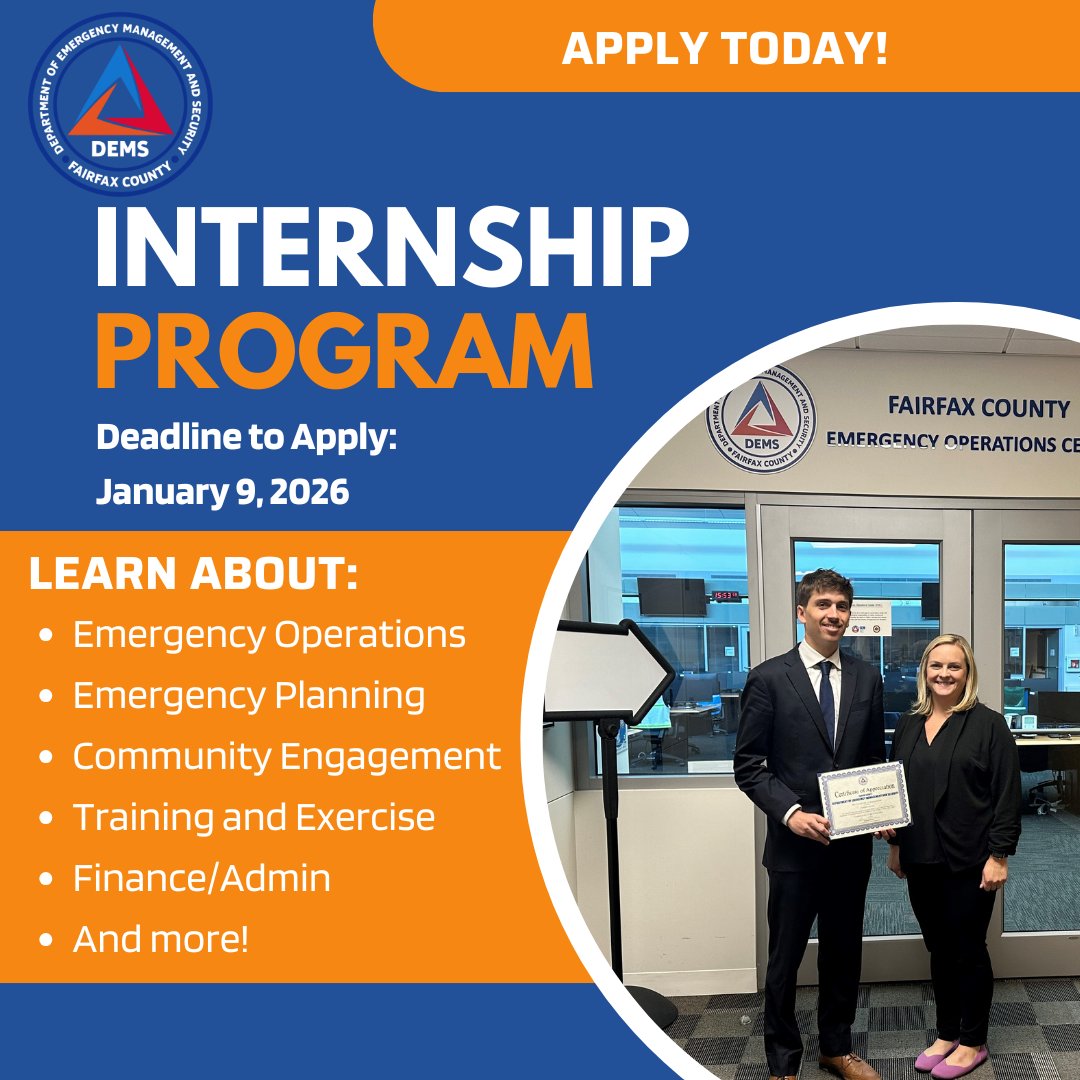 ReadyFairfax's tweet image. Interested in emergency management? We’re currently taking applications for our Spring Internship Program. The application deadline is January 9. Learn more and apply here, ow.ly/W9ey50XxEXB  #EmergencyManagement #InternshipProgram #SpringInternship #FairfaxCounty