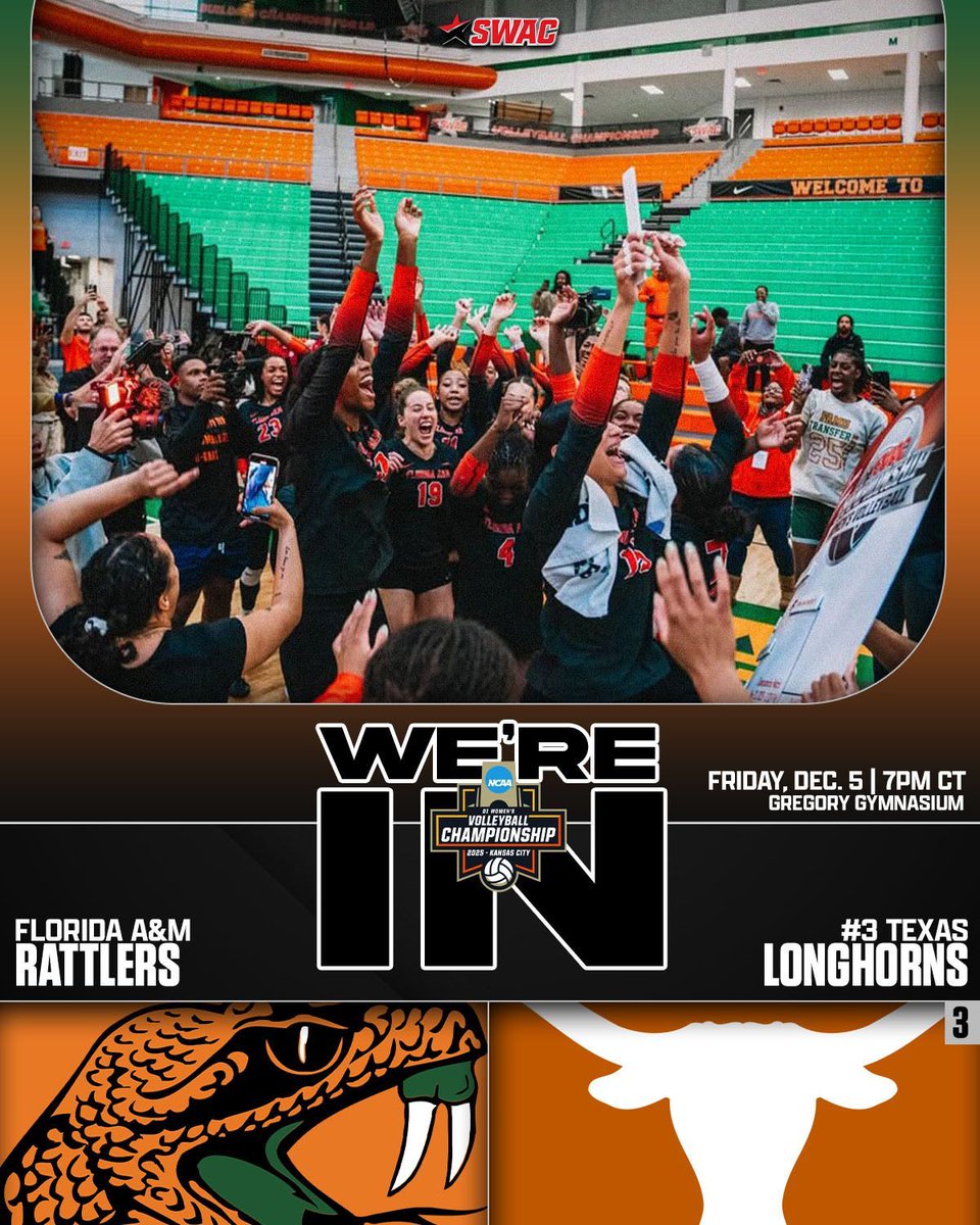theswac's tweet photo. Florida A&M Volleyball is headed to the NCAA Tournament! The Rattlers will face off against #3 Texas in the first round! ππ
π #3 Texas Longhorns
ποΈ Friday, December 5
β° 7PM CT
ποΈ Gregory Gymnasium
#SWACVB | #BuildingChampionsForLife https://t.co/K0DNBKbNvd