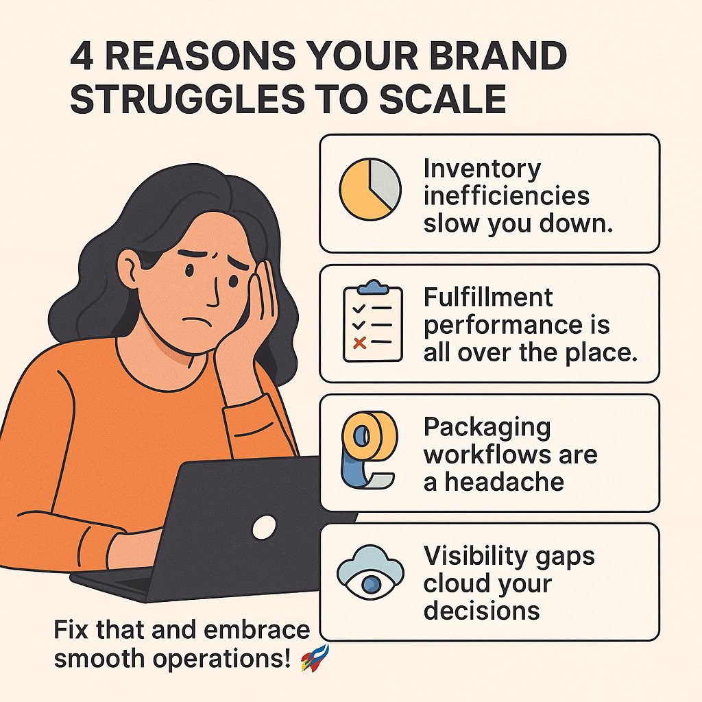 4 reasons your brand struggles to scale:

1. Inventory inefficiencies slow you down.  
2. Fulfillment performance is all over the place.  
3. Packaging workflows are a headache.  
4. Visibility gaps cloud your decisions.  

Fix that and embrace smooth operations! 🚀📦