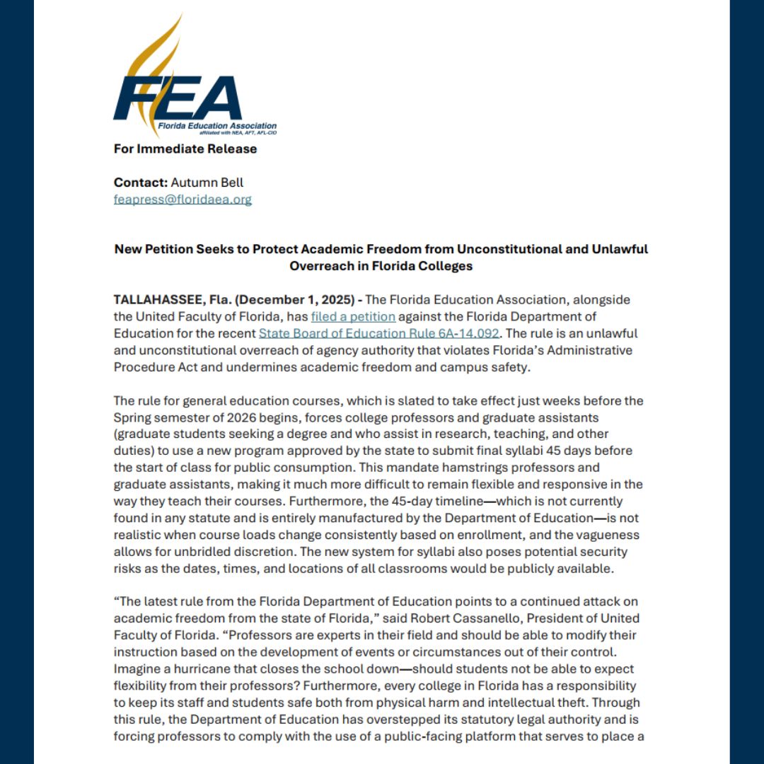 FloridaEA's tweet image. 🚨 Academic freedom is under attack, and we’re not standing down.

We, alongside the @UnitedFacultyFL, have filed a petition seeking to protect academic freedom and the learning environment our students deserve.

Read more: bit.ly/3Y4e9zu
