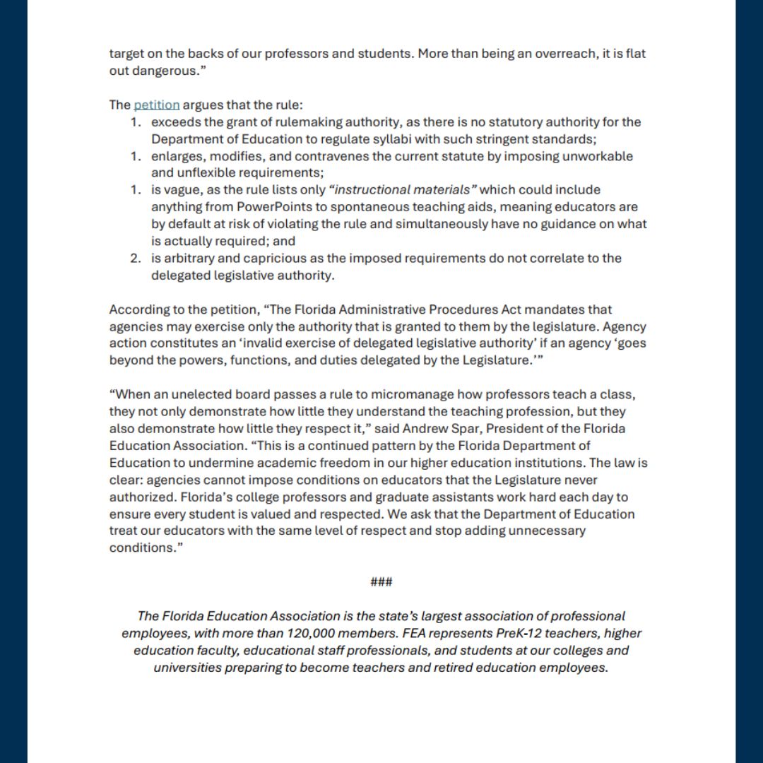 FloridaEA's tweet image. 🚨 Academic freedom is under attack, and we’re not standing down.

We, alongside the @UnitedFacultyFL, have filed a petition seeking to protect academic freedom and the learning environment our students deserve.

Read more: bit.ly/3Y4e9zu