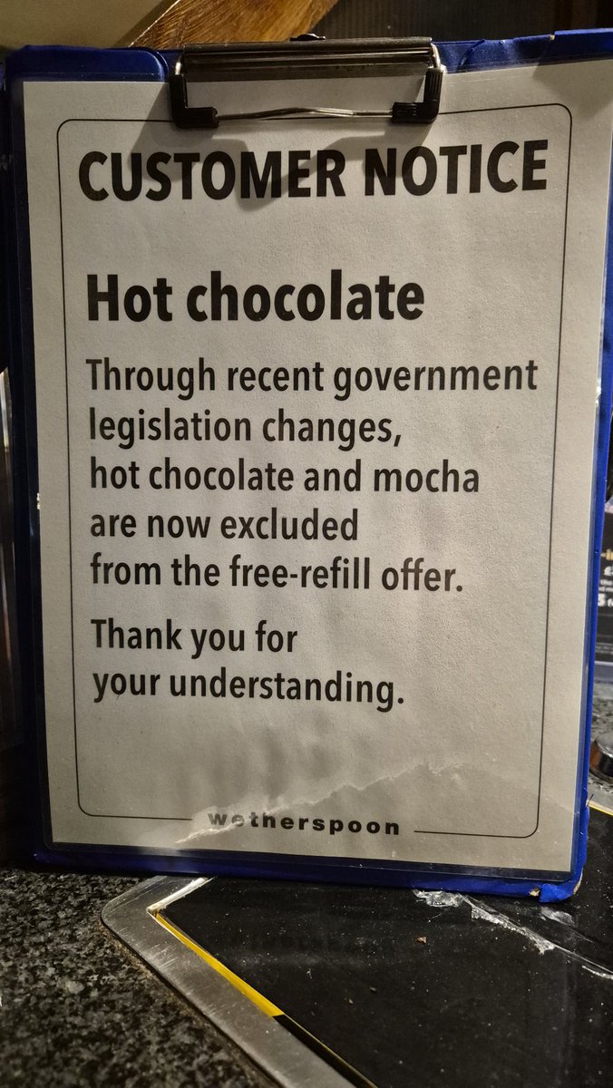 So I'm in Spoons.
Ask what this means and told its because of the sugar tax.
Spoons can't offer the refill because its not healthy.
You can keep buying them however.
Nanny State gone mad.
