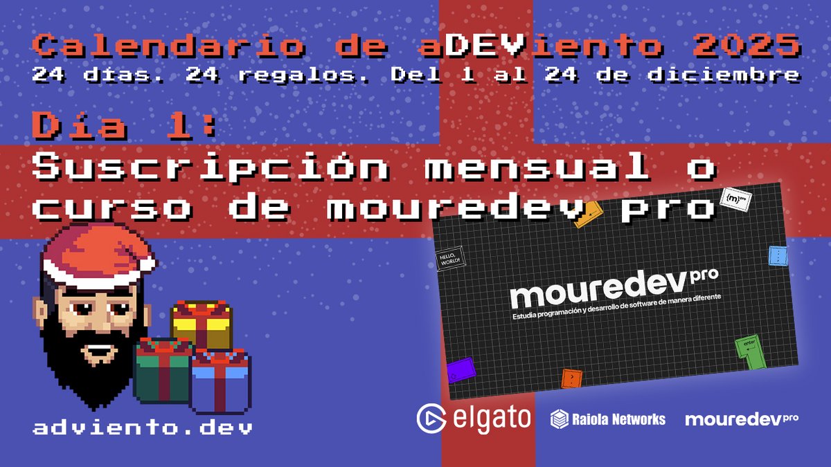MoureDev's tweet image. 🎁 Comienza el #aDEViento2025!
24 días. 24 regalos para aprender programación

🗓️ Día 1: Suscripción mensual o curso de mouredev pro
🔁 Sígueme y comparte esta publicación para participar
🌐 Válido para todo el mundo

Toda la info en adviento.dev