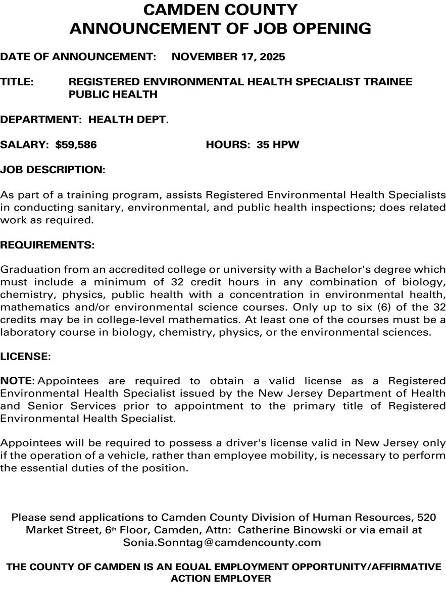 Now Hiring! 
Camden County Health Dept has 2 REHS Trainee openings. Apply today to help protect community health.
Send applications to Camden County HR or email: Sonia.Sonntag@camdencounty.com