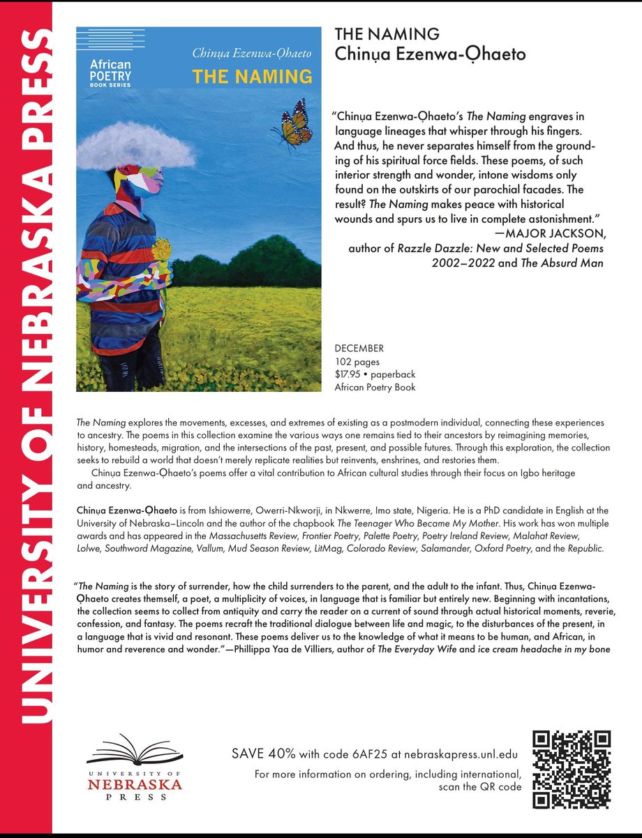 ChinuaEzenwa's tweet image. 😍 Happy Publication Day to The Naming! My full-length poetry collection is here! Grateful to my ancestors, Mum, teachers &amp;amp; friends. Because I was named after Chinua Achebe, I recreated his classic pose in homage. Invite me for readings🙏🏽. Order here👉🏽a.co/d/6oNpP7n