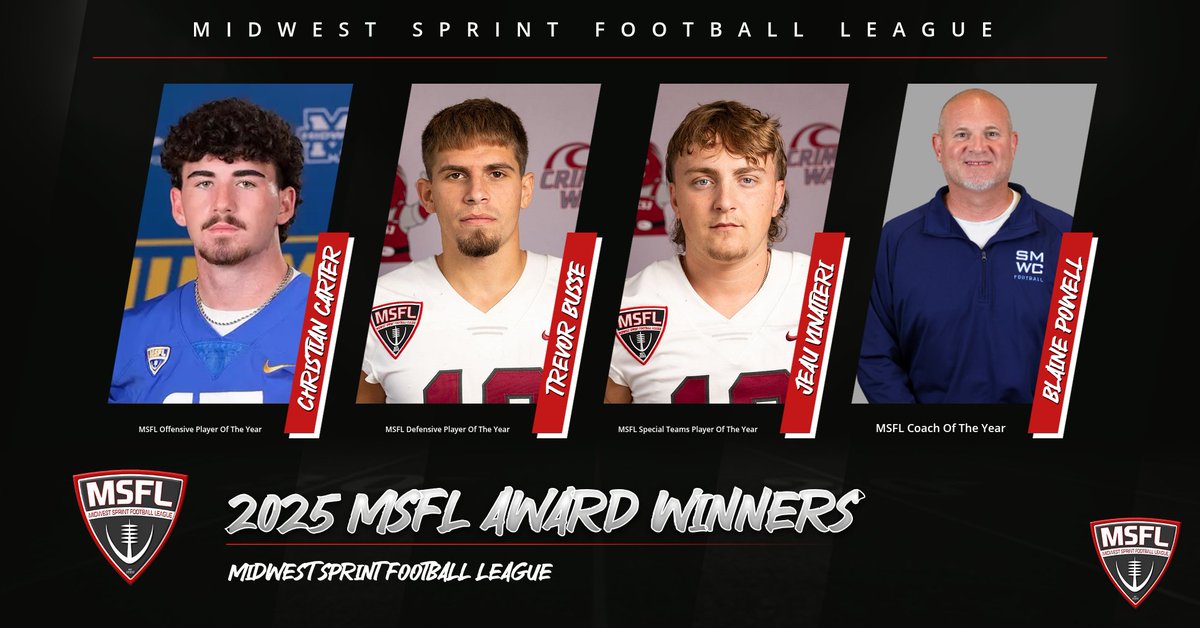 MidwestSFL's tweet image. 🏈 MSFL Announces 2025 Postseason Awards

🏆 Offensive POY: Christian Carter (Midway)
Defensive POY: Trevor Busse (Calumet) 
Special Teams POY: Jeau Vinatieri (Calumet) 
Coach of the Year: Blaine Powell (SMWC) 

Full list ➝ MidwestSprintFootball.com