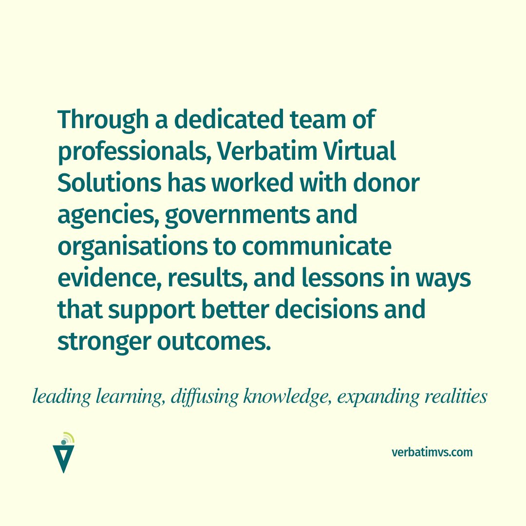 VerbatimVirtual's tweet image. Our team focuses on practical communication &amp;amp; knowledge management approaches that make it easier for governments, partners, and funders to understand what is working, what needs improvement &amp;amp; what can be scaled.

#VerbatimVirtualSolutions #DevelopmentComms #KnowledgeManagement
