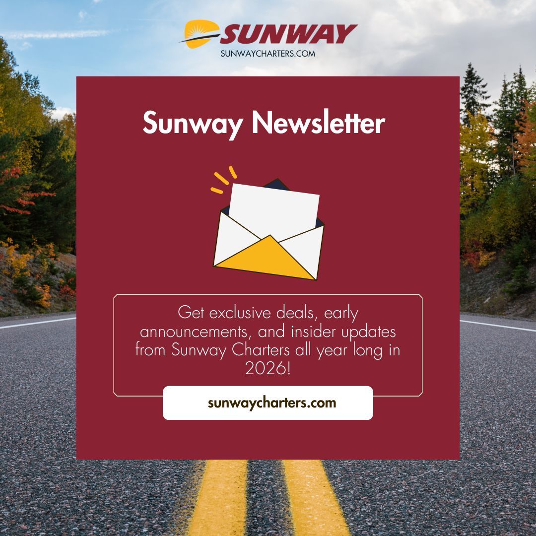 SunwayCharters's tweet photo. If you love smooth trips, secret deals, and being “in the know,” then you’ll want a front-row seat to everything coming from Sunway Charters this year.

Our newsletter is where the good stuff drops first! Sign up today and ride ahead of the crowd: https://t.co/lF1jCk7MwK https://t.co/HdW4nbE1kN