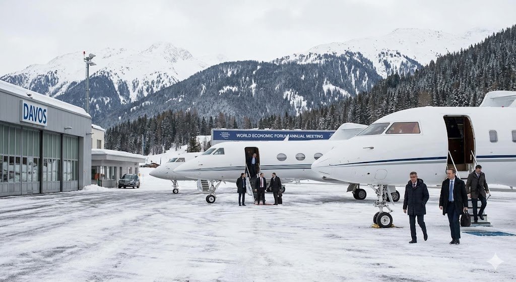 TonyClimate's tweet image. Globalists arriving at Davos in private jets, so they can lecture the proles about eating bugs to save the climate.