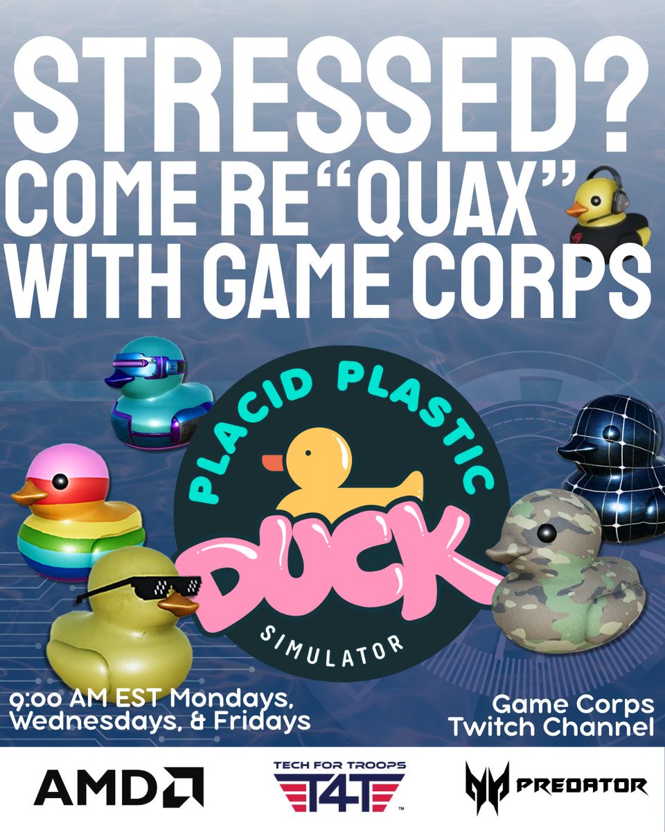 KJandApodcast's tweet photo. Start your morning the chill way. @GameCorps0 is live with 9AM Chill OโClock and some Placid Plastic Duck Simulator vibes. Come float with us.
https://t.co/WJGcMKrUnn
#GameCorps #TechForTroops #PlacidPlasticDuckSimulator #ChillOClock #MorningVibes #VeteransAndGaming https://t.co/kWLTssioRB