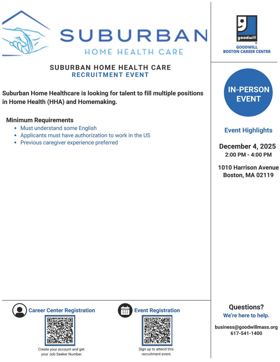 goodwill_mass's tweet image. Full month of hiring events at Goodwill Boston Career Center! 💪💙

USPS, BPS, EOVS, Suburban HHC, and Planned Companies will be onsite throughout December — A solid stretch of opportunities for Boston jobseekers. 💫

#Goodwill #BostonJobs #HiringMA #Careers