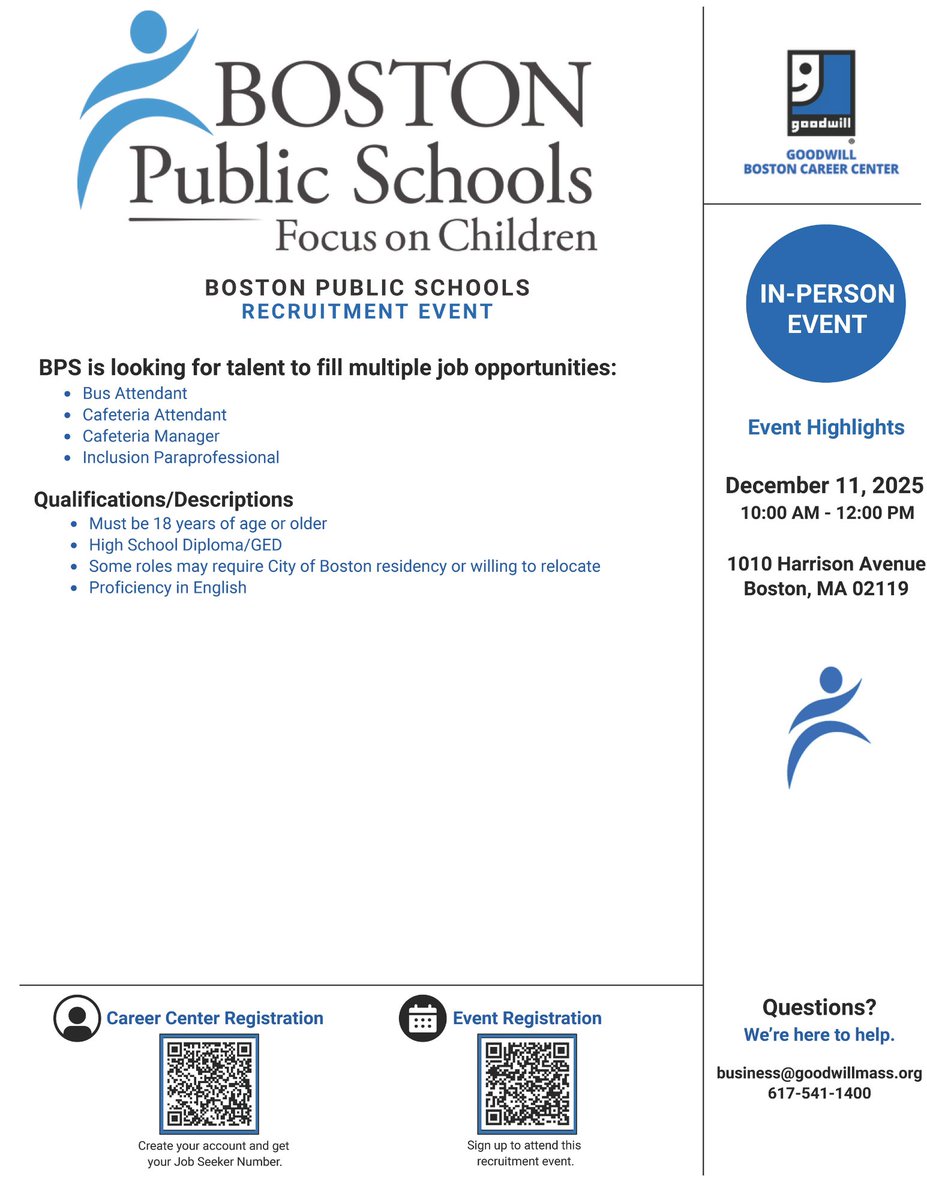 goodwill_mass's tweet image. Full month of hiring events at Goodwill Boston Career Center! 💪💙

USPS, BPS, EOVS, Suburban HHC, and Planned Companies will be onsite throughout December — A solid stretch of opportunities for Boston jobseekers. 💫

#Goodwill #BostonJobs #HiringMA #Careers