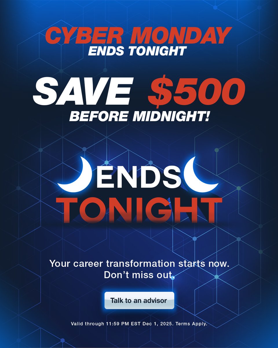 QuickStartIntel's tweet image. Cyber Monday ends tonight! ⏰
Last chance to save $500 on eligible QuickStart bootcamps.

🔗Talk to an advisor today: ow.ly/zQVz50XA2B9

#CyberMonday #BootcampDeals #TechBootcamp  #SaveBig #UpskillNow #EducationDeals